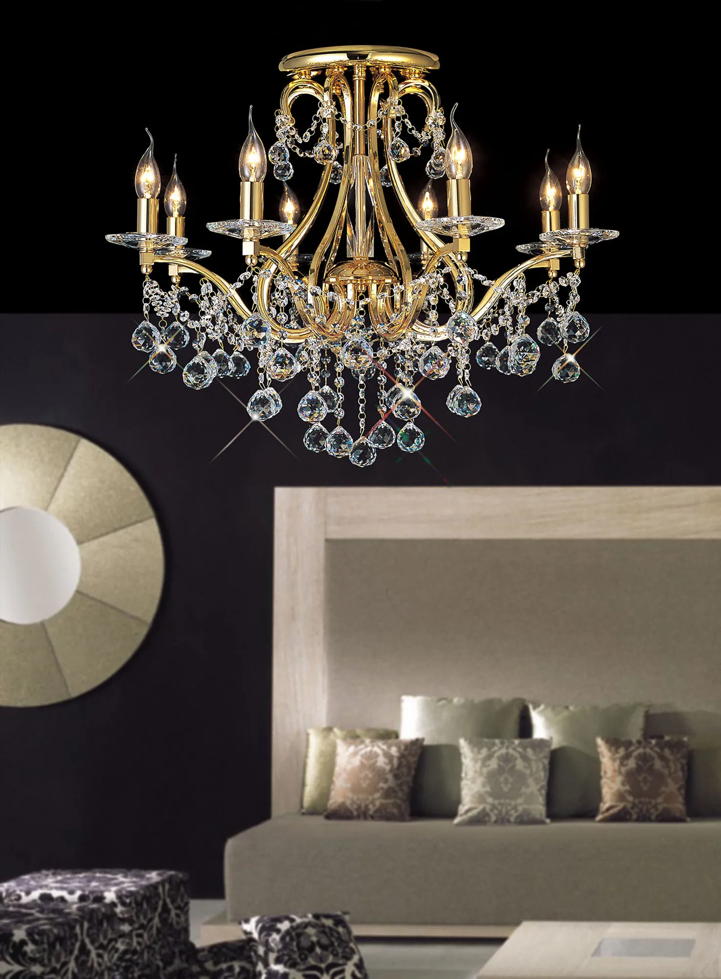 Bianco French Gold Crystal Ceiling Lights Diyas Multi Arm Crystal Fittings